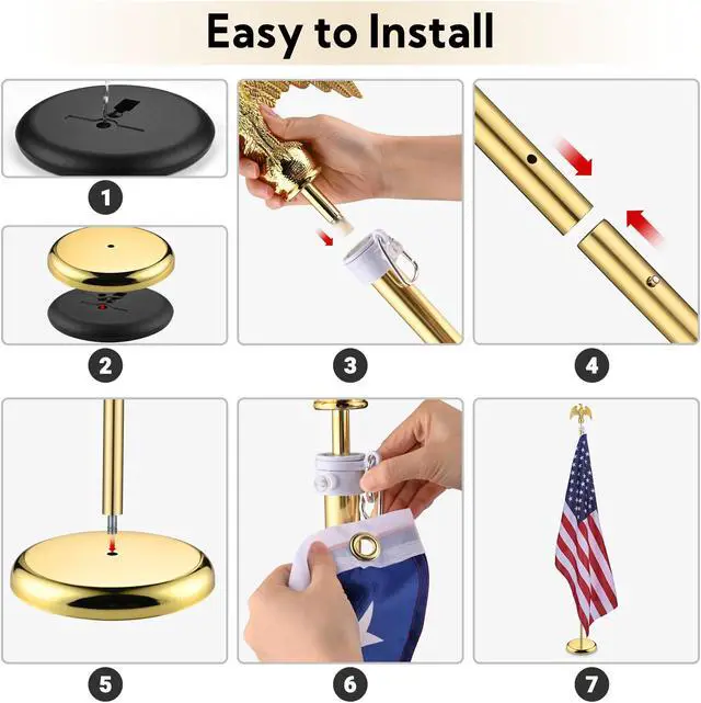 Alt view image 7 of 7 - Yescom 2 Pack 6 Ft Sectional Indoor Flag Pole Kit Base Eagle Aluminum 3x5 Ft US Flag