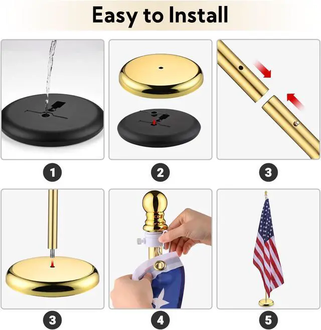 Alt view image 7 of 7 - Yescom 2 Pack 6FT Sectional Indoor Flag Pole Kit Aluminum Gold Pole Ball Topper with 3x5Ft US Flag with  Base Stand Office School City Hall