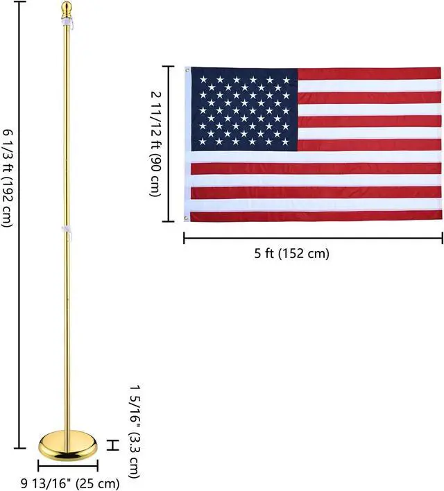 Alt view image 6 of 7 - Yescom 2 Pack 6FT Sectional Indoor Flag Pole Kit Aluminum Gold Pole Ball Topper with 3x5Ft US Flag with  Base Stand Office School City Hall