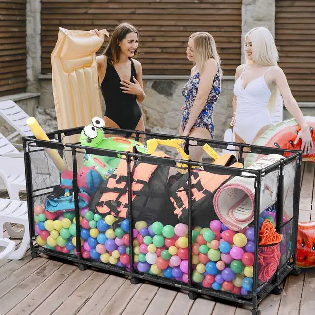 Alt view image 7 of 7 - Yescom Metal Frame Extra Large 12 Wheels Rolling Mesh Pool Storage Bin 65"x 30"x 33" Pool Toy Floats Storage Organizer for Public Pools, Poolside Parties, XXX-Large, Black