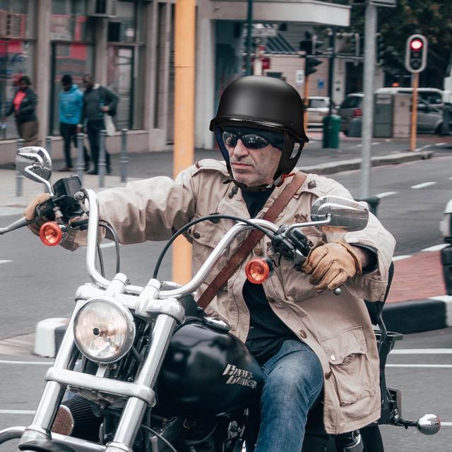 Alt view image 7 of 7 - AHR RUN-G DOT German Style Motorcycle Half Helmet Open Face Cruiser Chopper Biker Skull Cap Helmet Black XL