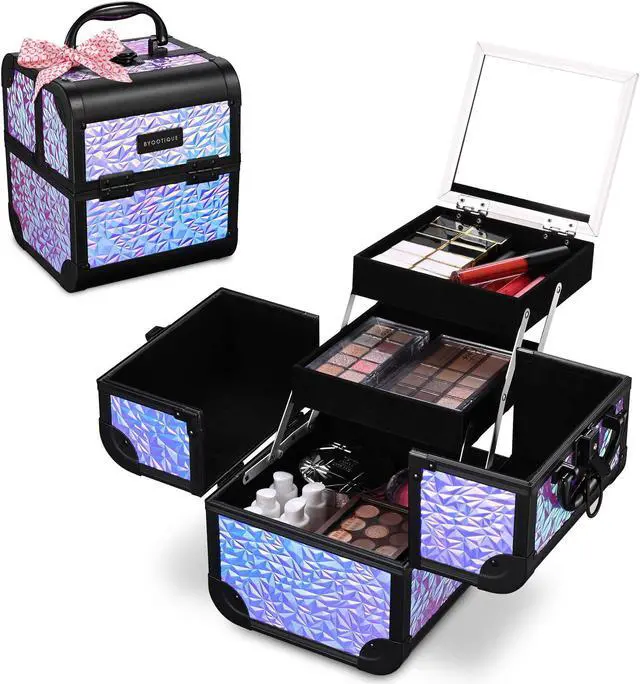 Alt view image 3 of 7 - Byootique Makeup Train Case Cosmetic Organizer w/ Mirror Mermaid Purple Artist
