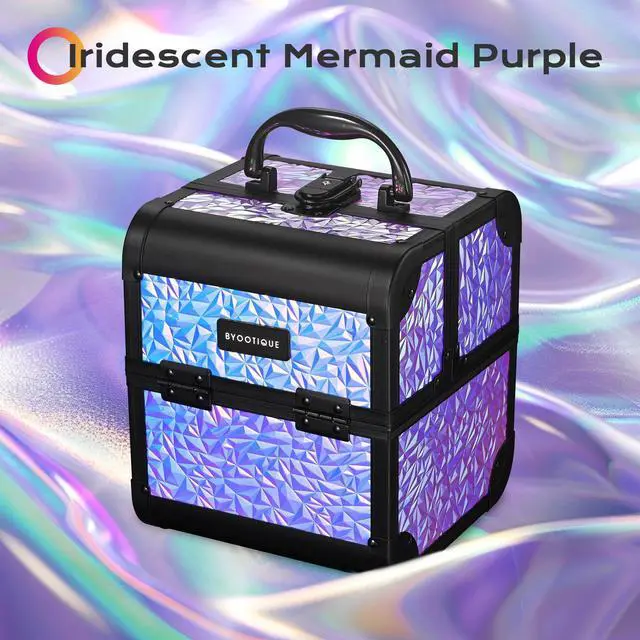 Alt view image 2 of 7 - Byootique Makeup Train Case Cosmetic Organizer w/ Mirror Mermaid Purple Artist