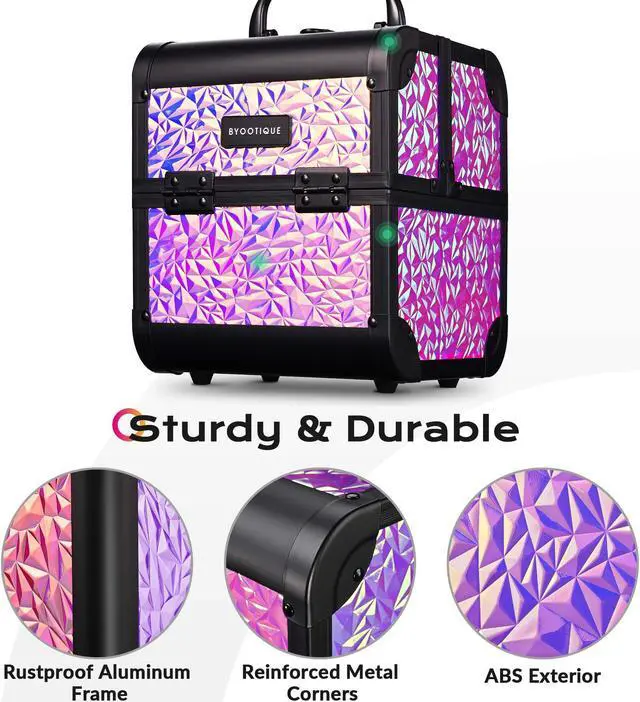 Alt view image 5 of 7 - Byootique Makeup Train Case Cosmetic Organizer w/ Mirror Mermaid Pink Artist