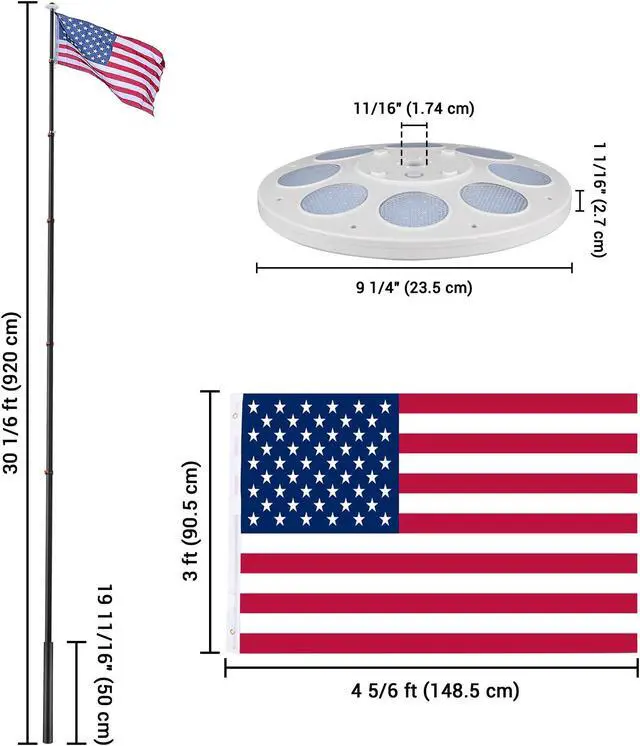 Alt view image 7 of 7 - 30 Ft Telescopic Aluminum Flag Pole Kit with 136 LED Solar Light US Flag Garden