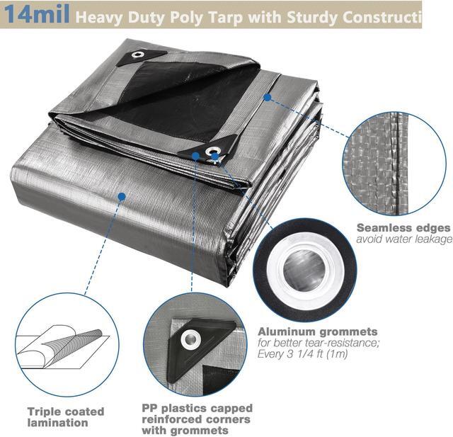 Alt view image 6 of 7 - Yescom 20x24 Ft 14 Mil Poly Tarp Protective Cover Tarpaulin Heavy Duty UV Resistant