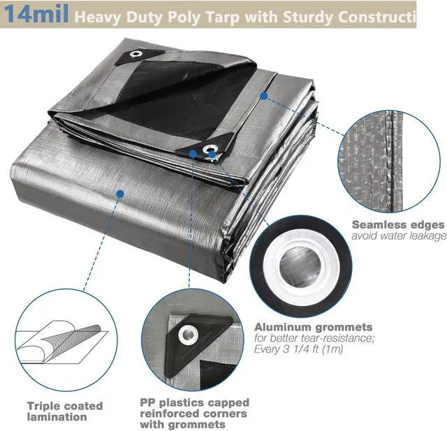 Alt view image 6 of 7 - 16x20 Ft 14 Mil Poly Tarp Protective Cover Tarpaulin Heavy Duty UV Resistant