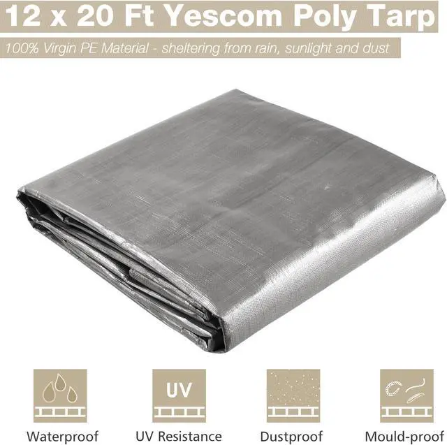Alt view image 2 of 7 - Yescom 12x20 Ft 14 Mil Poly Tarp Protective Cover Tarpaulin Heavy Duty UV Resistant
