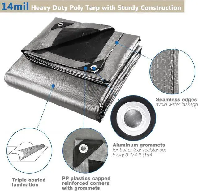 Alt view image 6 of 7 - Yescom 12x20 Ft 14 Mil Poly Tarp Protective Cover Tarpaulin Heavy Duty UV Resistant