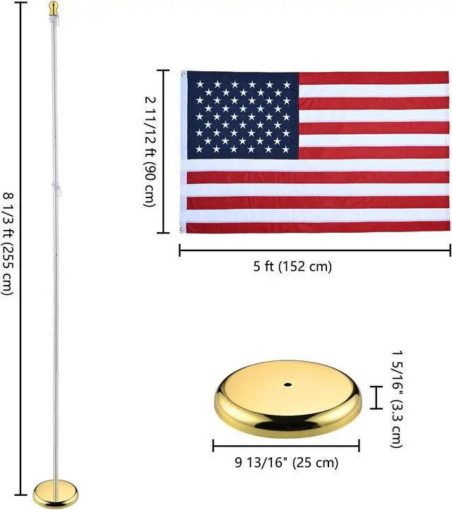 Alt view image 4 of 7 - Yescom 8 Ft Sectional Indoor Flag Pole Kit Gold Ball Base Aluminum 3x5 Ft  US Flag