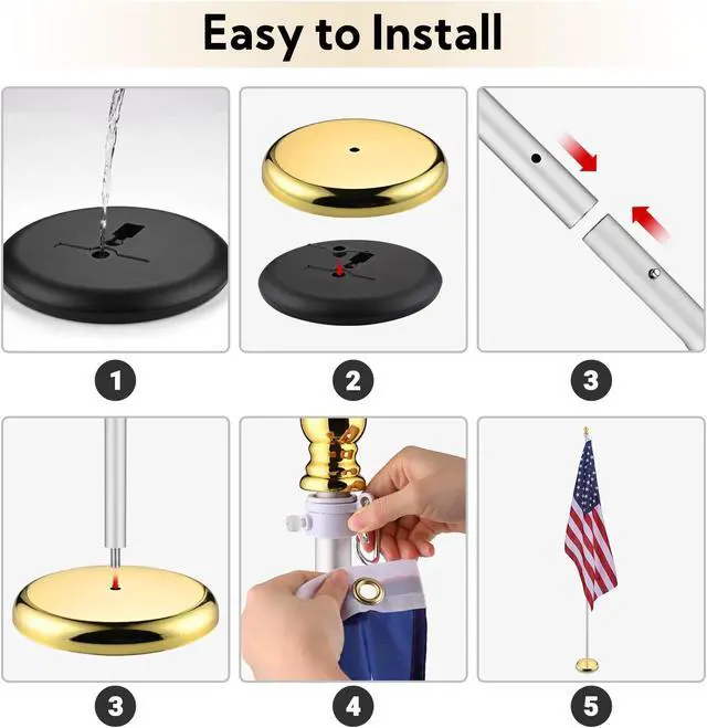 Alt view image 5 of 7 - Yescom 8 Ft Sectional Indoor Flag Pole Kit Gold Ball Base Aluminum 3x5 Ft  US Flag