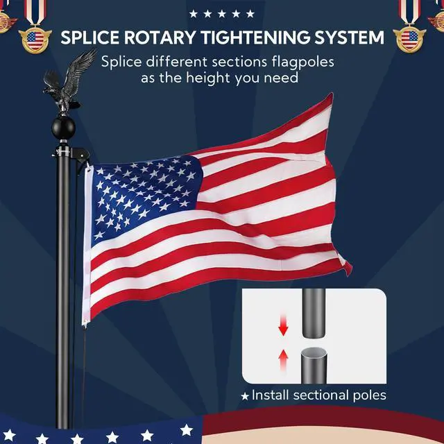 Alt view image 2 of 7 - Yescom Bravery 20Ft Eagle Topper Sectional Flag Pole Kit Aluminum Outside Inground Yard Garden with 3'x5' USA Flag Black