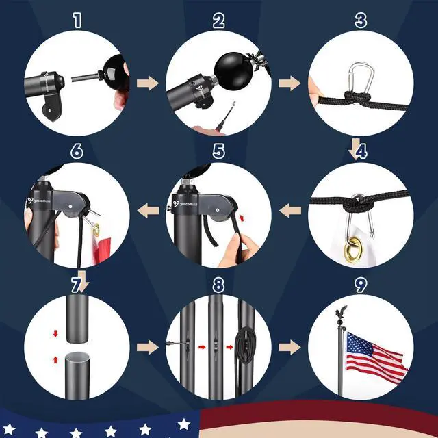 Alt view image 4 of 7 - Yescom Bravery 20Ft Eagle Topper Sectional Flag Pole Kit Aluminum Outside Inground Yard Garden with 3'x5' USA Flag Black