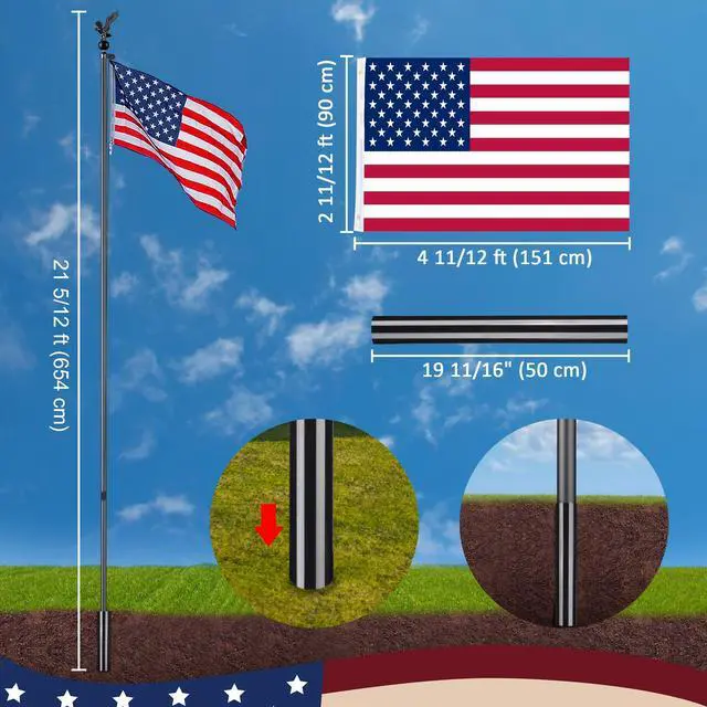 Alt view image 6 of 7 - Yescom Bravery 20Ft Eagle Topper Sectional Flag Pole Kit Aluminum Outside Inground Yard Garden with 3'x5' USA Flag Black
