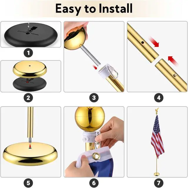 Alt view image 5 of 7 - Yescom 8Ft Indoor Flag Pole Kit Eagle Topper Aluminum Gold Pole with Base 3x5Ft US Flag for Office School City Hall