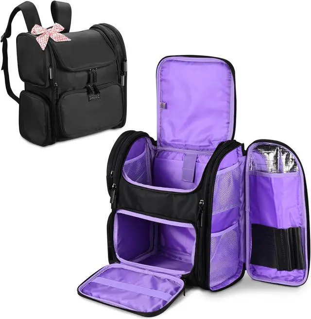 Main image of Byootique Portable Soft Sided Makeup Backpack Travel Barber Cosmetic Storage Organizer Travel with Removable Pouch for Makeup Artist Hairstylist, Purple