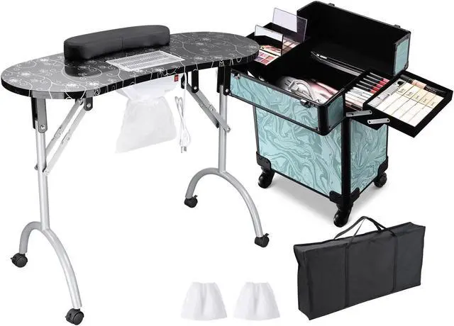 Alt view image 3 of 7 - Byootique Manicure Table Nail Desk & Rolling Makeup Train Case Kit CB Vitality