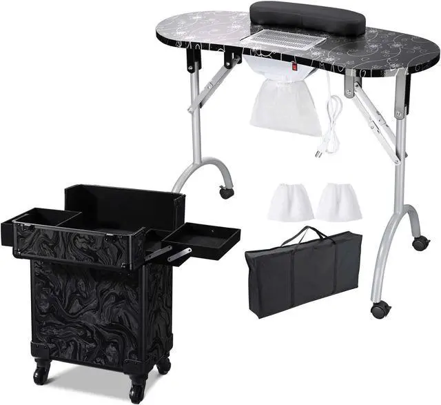 Alt view image 2 of 7 - Byootique Manicure Table Nail Desk & Rolling Makeup Train Case Kit CB Shadows