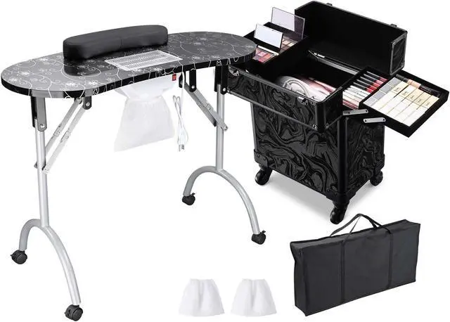 Alt view image 3 of 7 - Byootique Manicure Table Nail Desk & Rolling Makeup Train Case Kit CB Shadows