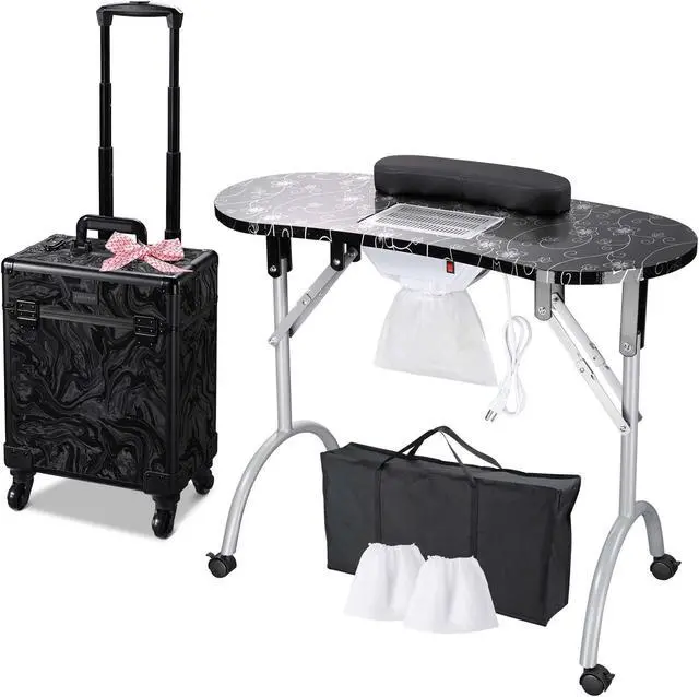 Main image of Byootique Manicure Table Nail Desk & Rolling Makeup Train Case Kit CB Shadows