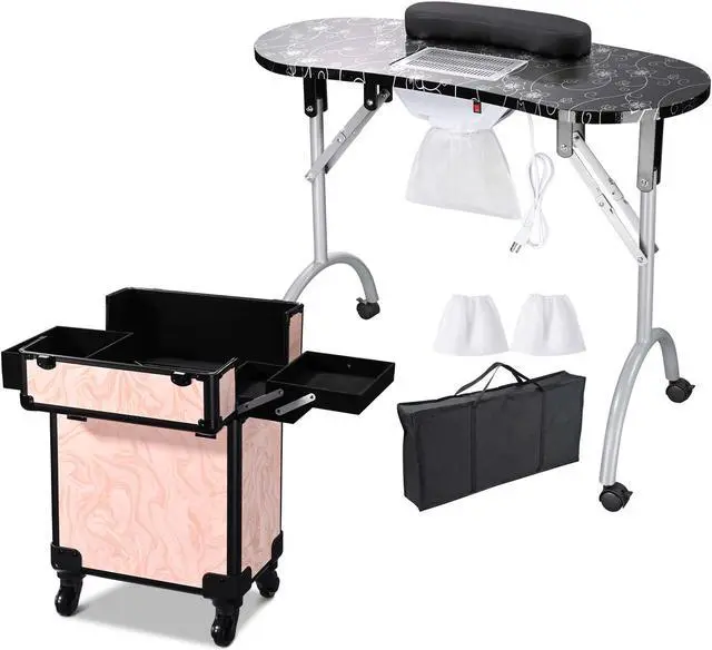 Alt view image 2 of 7 - Byootique Manicure Table Nail Desk & Rolling Makeup Train Case Kit Salon CB Dusk