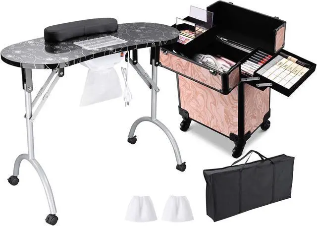 Alt view image 3 of 7 - Byootique Manicure Table Nail Desk & Rolling Makeup Train Case Kit Salon CB Dusk