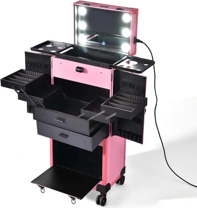 Main image of AW® Rolling Makeup Case Pro Hair Stylist Barber Artists Case Multifunction Lighted Lockable