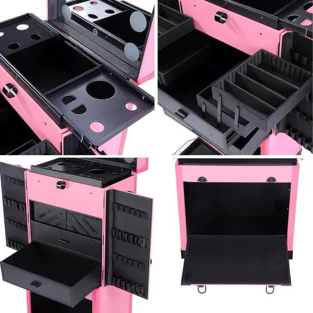 Alt view image 4 of 7 - AW® Rolling Makeup Case Pro Hair Stylist Barber Artists Case Multifunction Lighted Lockable