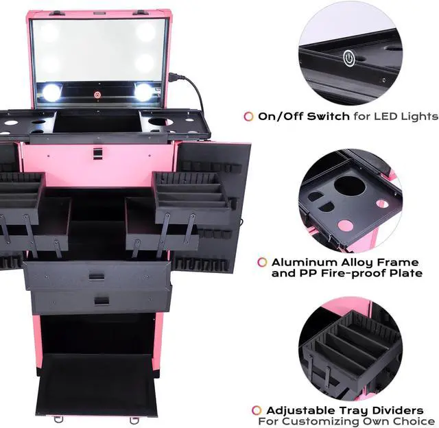 Alt view image 2 of 7 - AW® Rolling Makeup Case Pro Hair Stylist Barber Artists Case Multifunction Lighted Lockable