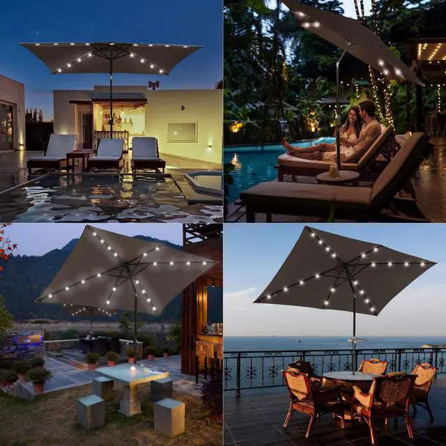 Alt view image 2 of 7 - Yescom 10x6.5FT Rectangle Outdoor Solar LED Patio Umbrella with Crank Tilt for Table Market Yard Deck Pool Party Brown