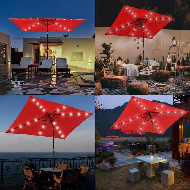 Alt view image 2 of 8 - Yescom 10x6.5FT Rectangle Outdoor Solar LED Patio Umbrella with Crank Tilt for Table Market Yard Deck Pool Party Red