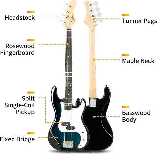 Alt view image 2 of 7 - Electric Bass Guitar Full Size Standard Beginner Kit 4 String Cable Strap Carry Bag Blue