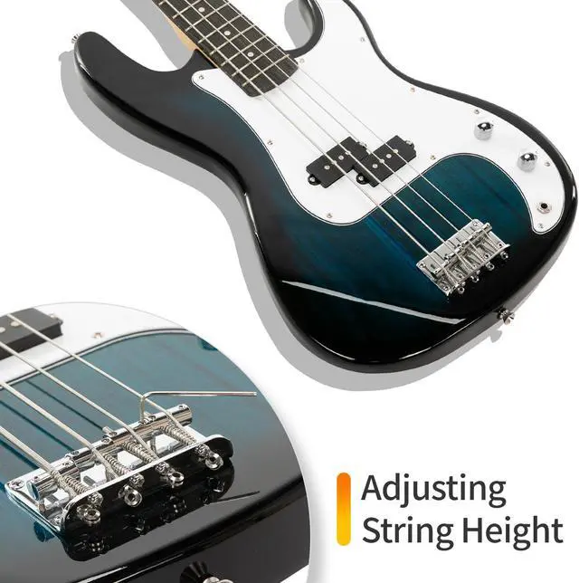 Alt view image 7 of 7 - Electric Bass Guitar Full Size Standard Beginner Kit 4 String Cable Strap Carry Bag Blue