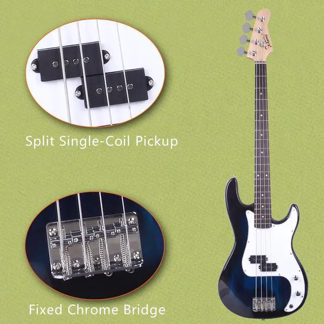 Alt view image 6 of 7 - Electric Bass Guitar Full Size Standard Beginner Kit 4 String Cable Strap Carry Bag Blue
