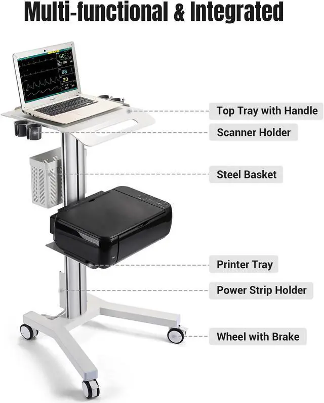 Alt view image 3 of 7 - 2 Tiers Medical Trolley Mobile Medical Cart Rolling Cart Lab Dental Spa Salon