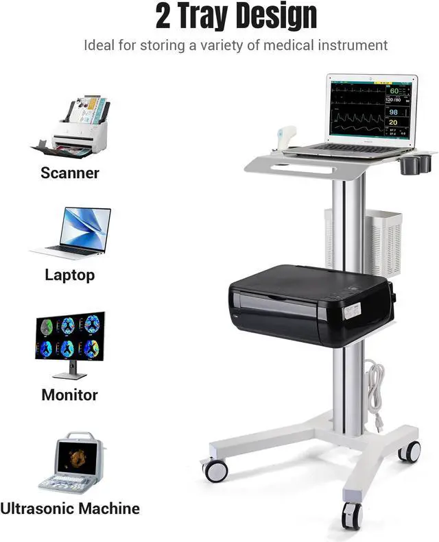 Alt view image 6 of 7 - 2 Tiers Medical Trolley Mobile Medical Cart Rolling Cart Lab Dental Spa Salon