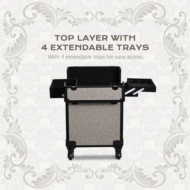 Alt view image 4 of 7 - Byootique Rolling Makeup Train Case Cosmetic Trolley Organizer Rococo GainsBoro