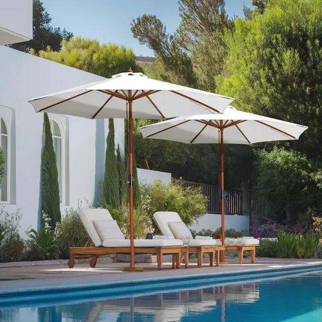 Alt view image 2 of 7 - Yescom 9FT Wooden Patio Umbrella UV30+ for Beach Pool Wedding Party Table Market Garden Yard Hotel Deck Cafe White