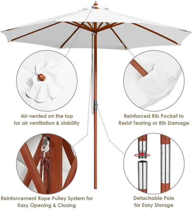 Alt view image 4 of 7 - Yescom 9FT Wooden Patio Umbrella UV30+ for Beach Pool Wedding Party Table Market Garden Yard Hotel Deck Cafe White
