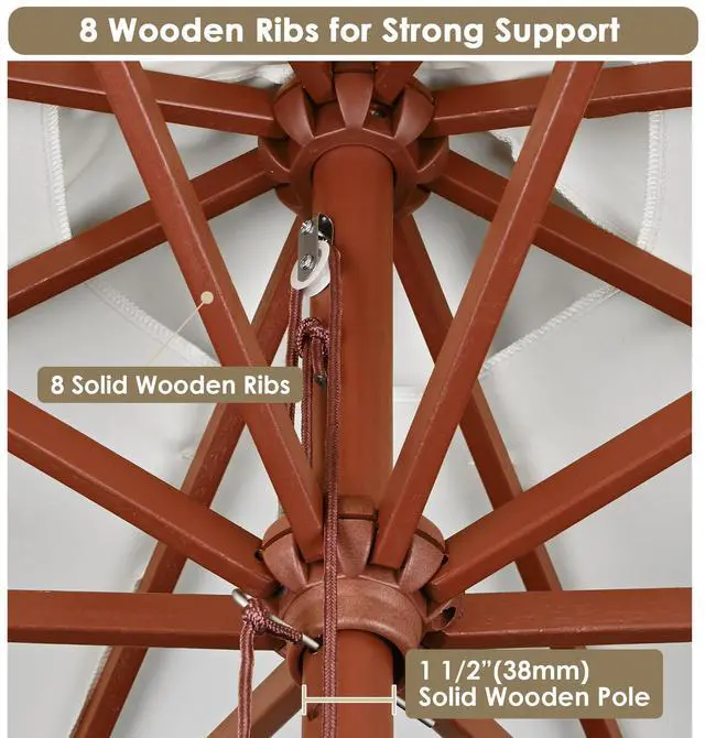 Alt view image 5 of 7 - Yescom 9FT Wooden Patio Umbrella UV30+ for Beach Pool Wedding Party Table Market Garden Yard Hotel Deck Cafe White