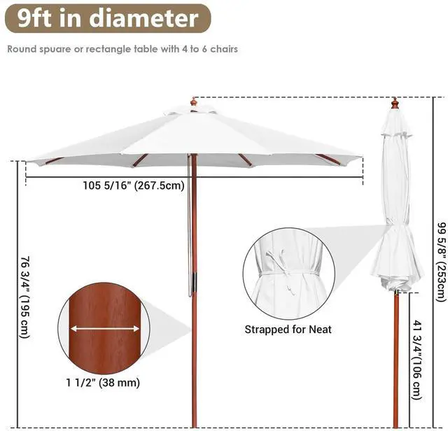 Alt view image 6 of 7 - Yescom 9FT Wooden Patio Umbrella UV30+ for Beach Pool Wedding Party Table Market Garden Yard Hotel Deck Cafe White