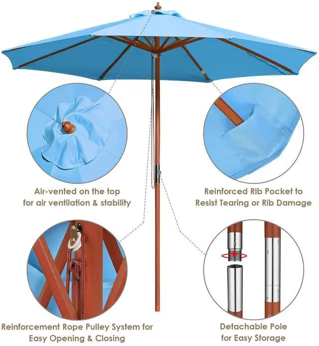 Alt view image 4 of 7 - Yescom 9FT Wooden Patio Umbrella UV30+ for Beach Pool Wedding Party Table Market Garden Yard Hotel Deck Cafe Blue