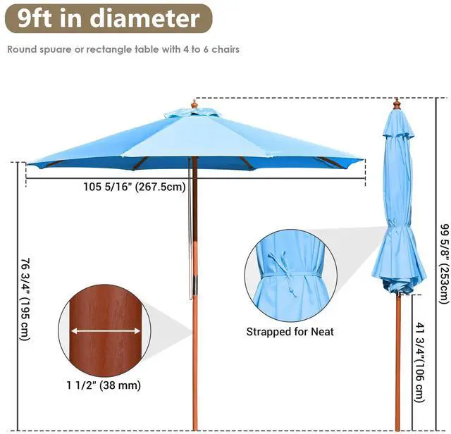 Alt view image 6 of 7 - Yescom 9FT Wooden Patio Umbrella UV30+ for Beach Pool Wedding Party Table Market Garden Yard Hotel Deck Cafe Blue