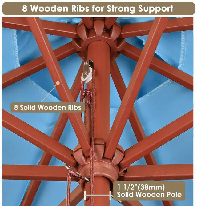 Alt view image 5 of 7 - Yescom 9FT Wooden Patio Umbrella UV30+ for Beach Pool Wedding Party Table Market Garden Yard Hotel Deck Cafe Blue