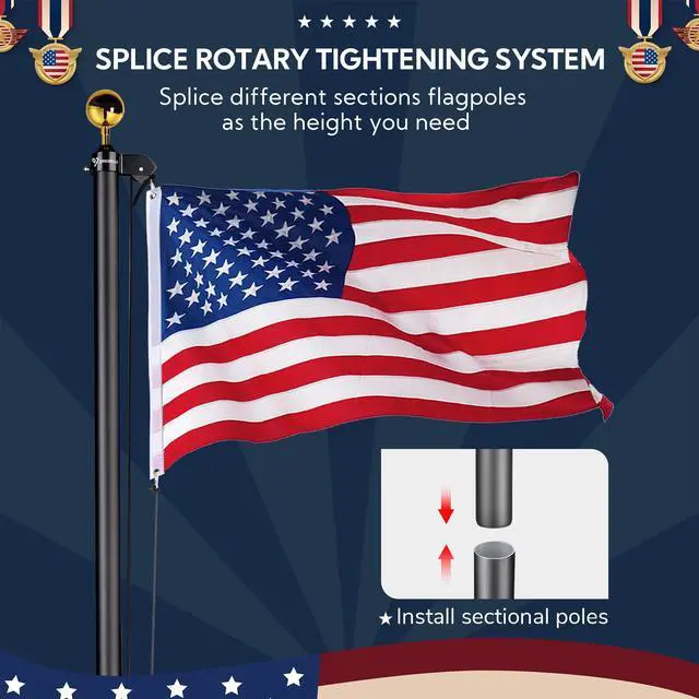 Alt view image 4 of 7 - Yescom EZ GO 20ft Eagle Topper Telescopic Flag Pole Kit Upgraded Rotating Lock Outside 3x5' US Flag Ball Final Silver