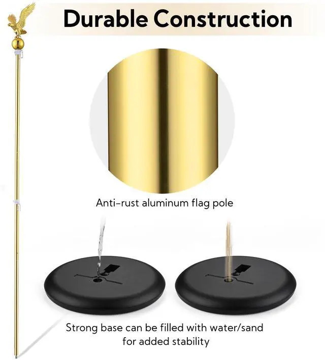 Alt view image 5 of 7 - Yescom 6Ft Indoor Flag Pole Kit Eagle Topper Aluminum Gold Pole with Base 3x5Ft US Flag for Office School City Hall 2Pcs