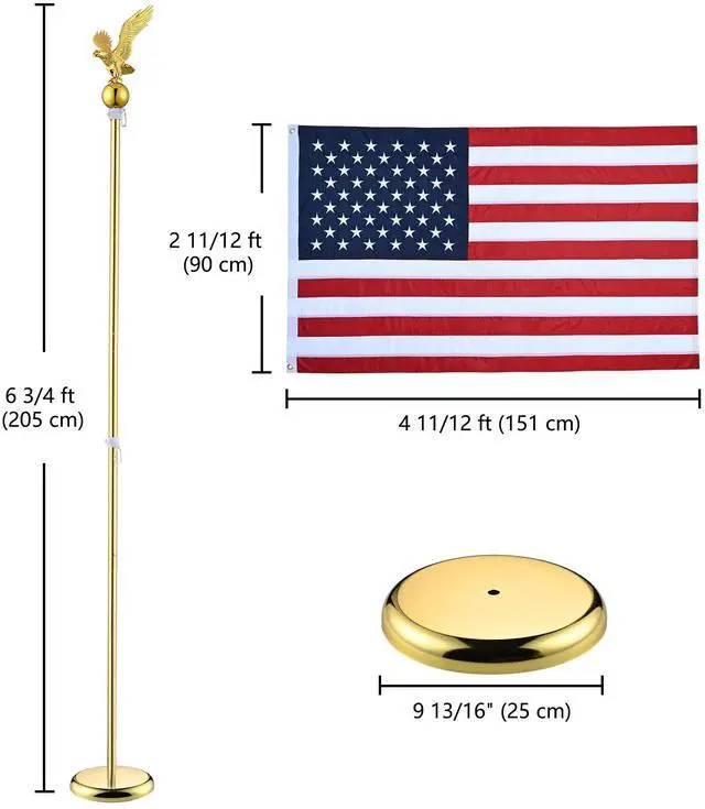 Alt view image 6 of 7 - Yescom 6Ft Indoor Flag Pole Kit Eagle Topper Aluminum Gold Pole with Base 3x5Ft US Flag for Office School City Hall 2Pcs