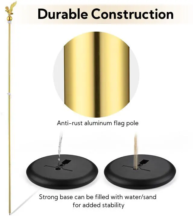 Alt view image 5 of 7 - Yescom 8Ft Indoor Flag Pole Kit Eagle Topper Aluminum Gold Pole with Base 3x5Ft US Flag for Office School City Hall 2Pcs