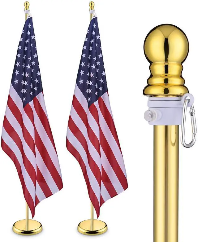 Main image of Yescom 2 Pack 6FT Sectional Indoor Flag Pole Kit Aluminum Gold Pole Ball Topper with 3x5Ft US Flag with  Base Stand Office School City Hall