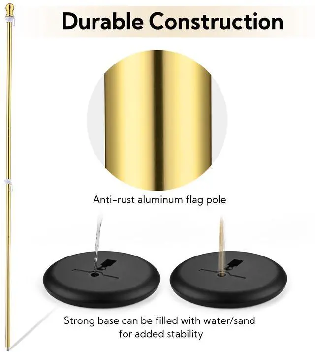 Alt view image 5 of 7 - Yescom 2 Pack 6FT Sectional Indoor Flag Pole Kit Aluminum Gold Pole Ball Topper with 3x5Ft US Flag with  Base Stand Office School City Hall